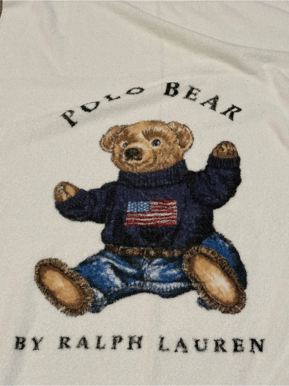 Vintage Ralph Lauren White Polo Bear Beach Towel with Navy and Brown Accents